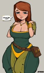 1futa bag blue_eyes blush clash_of_clans english_text erection_under_clothes futanari ginger hands_on_shoulders hourglass_figure jeteggs jewelry large_breasts large_thighs red_hair small_waist smile solo_futa speech_bubble supercell talking talking_to_viewer thick thick_thighs tunic villager_(clash_of_clans) voluptuous wristband