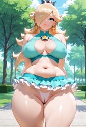 1girls ai_generated arms_behind bangs belly_button blonde_hair blue_eyes breasts_apart brooch cameltoe chubby cleavage crown earrings eyelashes female female_only frilled_skirt genital_outline hair_over_one_eye inner_sideboob large_breasts light-skinned_female long_hair looking_at_viewer loose_hair mario_(series) microskirt midriff narrow_waist nipple_outline outdoor_background outdoors park princess princess_rosalina revealing_clothes rgomez007 seductive_look self_upload skindentation solo_female stable_diffusion standing star_earrings thick_eyelashes thick_lips thick_thighs thong voluptuous vulva wide_hips