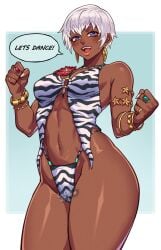 absurdres animal_print armlet bikini bikini_under_clothes bracelet breasts cleavage dark-skinned_female dark_skin denim elena_(street_fighter) female female_only highres jewelry large_breasts looking_at_viewer luchidart multiple_bracelets official_alternate_costume short_hair solo speech_bubble street_fighter street_fighter_6 swimsuit thighs toned toned_female very_short_hair white_hair zebra_print