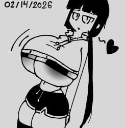 1girls belly belly_button big_breasts black_hair booty_shorts bouncing_breasts bra dated drawstring drawstring_hoodie hands_behind_back heart hjt huge_breasts inabakumori looking_at_viewer looking_down mv_character osage-chan self_upload shorts simple_background smirk smirking_at_viewer thick_thighs thighhighs thighs twintails