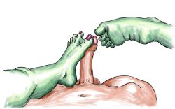 5_toes ambiguous_species foot_focus footjob genitals green_skin male_focus mammal marine membrane_(anatomy) penis plantigrade simple_background webbed_feet widescreen