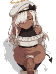 1boy 2026 2d 2d_(artwork) alternate_version_available amber_eyes angel argonchann artist_name artist_signature aru_(argonchann) balls bare_shoulders beret big_balls big_penis black_shirt black_thighhighs blush blush_lines blushing bottomless closed_mouth clothing collarbone color colored commentary crop_top crossdressing crossdressing_(mtf) dark-skinned_femboy dark-skinned_male dark_skin dated demon_tail english_commentary erection excessive_pubic_hair eyelashes fallen_angel femboy femboy_only frilled_shirt frills girthy_penis groin hair hair_over_one_eye hair_over_shoulder half-closed_eyes halo hat headgear headwear highres huge_balls huge_cock hung_trap large_penis layered_shirt leg_warmers legs legwear light_blush long_hair looking_at_viewer loose_socks male male_focus male_only male_pubic_hair navel no_panties off-shoulder_shirt off_shoulder orange_eyes original original_character parted_bangs partially_clothed pear-shaped_figure penis png pubic_hair pubic_hair_peek shadow shirt sidelighting signature simple_background skindentation sleeveless sleeveless_shirt smile smiling smiling_at_viewer socks socks_over_thighhighs solo solo_focus solo_male tail testicles thick_thighs thighhighs thighs thong topwear traditional_halo trap veins veiny_penis very_long_hair white_background white_hair white_hat white_leg_warmers white_pubic_hair wide_hips yellow_halo