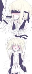 2boys after_oral androgynous bite_mark blindfold blindfolded blonde_hair blush blushing_at_viewer bondage clothing cum cum_on_face embarrassed femboy feminine_male galo_thymos gay gay_sex heart-shaped_pupils lio_fotia looking_at_viewer male monochrome opening_shirt partially_colored petite petite_body petite_male pov promare restrained saliva slim slim_male slim_waist tied_up twink yaoi