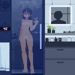 1boy 1girls change_of_status covered_breasts covering_crotch dwls_ frozen frozen_solid gif peace_sign pixel_art shower stuck