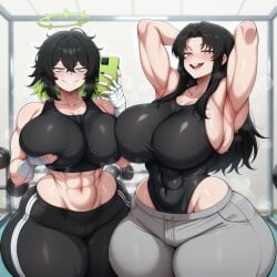 2025 2girls agustina_(memch0) ai_generated big_breasts black_and_green_hair black_hair blush child_bearing_hips el_memc female female_only flexing flexing_muscles goth goth_girl green_eyes gym gym_clothes gym_uniform halo holding holding_breast holding_own_breast horny horny_female huge_breasts hyper_breasts imminent_sex katia_(memch0) leotard looking_at_viewer looking_pleasured memch0 muscular muscular_female musk musk_clouds oc original original_character pink_eyes posing posing_for_the_viewer rabbit_teeth selfie sweat sweatdrop sweating sweaty thick_thighs thunder_thighs tight_clothing