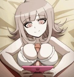 1girls animated big_breasts bikini breasts brown_eyes busty busty_female cleavage coolerinker danganronpa danganronpa_2:_goodbye_despair distracted inkershike large_breasts loop mole mole_on_breast nanami_chiaki nintendo_ds paizuri playing_videogame pov smile swimsuit white_bikini