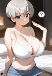1girl ? bed bed_sheet blue_eyes breasts cleavage denim large_breasts navel on_bed pantyhose short_hair sitting sitting_on_bed speech_bubble spoken_question_mark underwear white_bra uzakichan_wa_asobitai! uzaki_hana sunori ai_generated