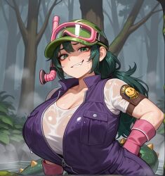 aesthetic ai_generated alli_(brawl_stars) angle anime armband artist_name at atmosphere background blush brown bust clinging clothes damp details digital diving droplets emerald eyebrows eyes fabric foggy forest gear gloves goggles green grinning hair helmet illustration jungle lighting long looking low mask messy mouthpiece mylz oerba_yun_fang open patch pink pocket purple rubber shot single skin smirking snorkel soaked soft strap style survivalist swamp sweating t-shirt tactical teeth thick translucent utility vest viewer water wavy wet white yellow zipper