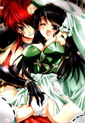 2girls armor artist_request ass black_hair blue_eyes blush detached_sleeves facial_mark female gloves hair_over_one_eyes imagawa_yoshimoto_(sengoku_otome) long_hair masturbation multiple_girls nipples oda_nobunaga_(sengoku_otome) open_mouth oppai panties petals pussy_juice red_eyes red_hair saliva sengoku_otome tattoo thighhighs white_panties yuri