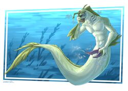 2_penises 3_fingers absurd_res adam's_apple alien anthro aquatic ben_10 blue_background blush bodily_fluids cartoon_network claws countershading cum english_text fin fingers fish fish_tail full_lips genital_fluids genitals gills green_body green_lips hi_res light lighting lips lumen_fox lure_(anatomy) male masturbation membrane_(anatomy) merfolk moan multi_genitalia multi_penis onomatopoeia open_mouth patelliday penis piscciss_volann purple_eyes scales shaded sharp_teeth signature simple_background solo sound_effects split_form tapering teeth text underwater water webbed_hands