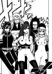 2girls 3boys blush breasts clothed_male_nude_female cmnf erza_scarlet fairy_tail female fur_coat gajeel_redfox gray_fullbuster hair_ornament juvia_lockser large_breasts laxus_dreyar male manga monochrome nipples nude nude_filter photoshop pussy smile standing thighhighs