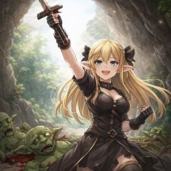 ai_generated art_reference canon canon_ending defeated_monster elf elf_ears elf_female goblin happy happy_ending happy_female no_sex redraw remake rescue wholesome
