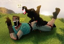 blood fogman fucking gay gay_sex glowing_eyes glowing_teeth knot knotted male man_from_the_fog minecraft raped_by_monster screaming screaming_in_pain smirk the_man_from_the_fog the_mimicer_(minecraft) tied_up tied_up_male