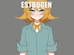 animated artist_request blush dokibird estrogen exposed_breasts flesh_fang gif indie_virtual_youtuber large_breasts looping_animation perky_nipples sharp_teeth short_hair simple_background smile smug_face text virtual_youtuber vtuber yellow_hair