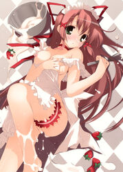 brown_hair cream garter green_eyes hadaka_apron long_hair mokamoka nipples nopan oppai solo