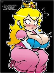 1girls big_breasts black_background blonde blonde-haired_female blonde_female blonde_hair blonde_hair_female breast_expansion breasts breasts_focus busty confused crown dialogue dress english_text female large_breasts mario_(series) princess_peach sexy simple_background solo surprised tagme tagme_(artist) text voluptuous yungcreateart