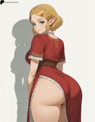 1girls ai_generated ass blonde_hair braid closed_mouth dress elf female frilled_dress frills green_eyes hairclip hi_res high_quality high_resolution highres huge_ass light light_smile lips looking_at_viewer looking_back nose opal_nemy patreon_logo patreon_url patreon_username plain_background pointy_ears princess_zelda red_dress red_hairclip self_upload shadow shiny shiny_hair shiny_skin short_hair simple_background solo standing the_legend_of_zelda thick_thighs thighs watermark white_background zelda_(breath_of_the_wild)