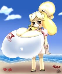 1girls alcohol alcoholic_drink animal_crossing anthro beach blonde_hair breasts canine canine_humanoid cleavage collar colossal_breasts crab e3 female female_focus female_only furry hyper hyper_breasts isabelle_(animal_crossing) kokido large_breasts nintendo nipple_bulge sandals seashell skirt yellow_fur