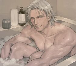 1boy abs bath bathroom bathtub blue_eyes capcom collarbone commentary dante_(devil_may_cry) devil_may_cry devil_may_cry_(series) devil_may_cry_5 facial_hair grin highres hugging_own_legs knees_up male_focus muscular muscular_male nonnon9977 nude pectorals smile soap_bottle soap_bubbles solo teeth untranslatable_commentary veins veiny_arms water water_drop wavy_hair wet wet_hair white_hair