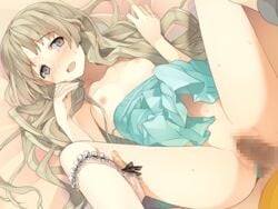 akinashi_yuu blonde_hair blush censored clothing dress kiba_mifuyu koi_to_senkyo_to_chocolate long_hair oppai panties panties_around_one_leg purple_eyes sex small_breasts spread_legs