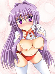 blush bow buruma clannad clannad_after_story clothing embarrassed fujibayashi_kyou gym_uniform hair_ribbon large_breasts long_hair navel nipples oppai purple_eyes purple_hair shirt shirt_lift stockings white_thighhighs