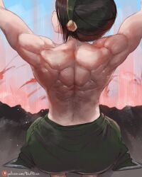 1girls avatar_legends avatar_the_last_airbender black_hair broad_shoulders duffmox female_only from_behind hair_bun muscular muscular_female solo solo_female toph_bei_fong topless topless_female