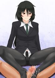 black_hair black_legwear black_panties black_pantyhose blush brown_eyes business_suit cameltoe censored feet footjob happy infinite_stratos long_hair masturbation mutual_masturbation no_skirt orimura_chifuyu panties_under_pantyhose pantyhose pantyshot_sitting penis precum sex sitting smile spread_legs