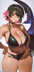 ai_generated bikini chubby ellen_joe hoyoverse large_breasts large_thighs lolipop red_eyes shark_girl waifucrematorium zenless_zone_zero