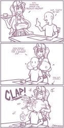 1boy 1girls 3koma apron breasts clapping_breasts comic cowbell dialogue english_text female head_between_breasts huge_breasts k-cupz lactating lactating_in_coffee lactating_into_cup lactation large_breasts milk pressing_breasts_together raiounsfw smile smiling squeezing_breasts_together text twintails waitress waitress_uniform