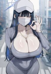 1girls ai_generated blue_archive breasts bush cap collarbone curvaceous curvy curvy_female curvy_figure dongtan_dress dress facemask fellatio_gesture female gigantic_breasts halo hips huge_breasts light-skinned_female light_skin long_hair looking_at_viewer mask masked_female motion_blur motion_lines navel saori_(blue_archive) sexually_suggestive steam steamy_breath thick_thighs thighs tight_clothing truck-kun_art truck_kun wide_hips