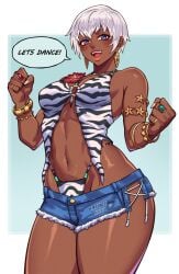 absurdres animal_print armlet bikini bikini_under_clothes bracelet breasts cleavage dark-skinned_female dark_skin denim denim_shorts elena_(street_fighter) female female_only highres jewelry large_breasts looking_at_viewer luchidart micro_shorts multiple_bracelets official_alternate_costume short_hair shorts solo speech_bubble street_fighter street_fighter_6 swimsuit thighs toned toned_female very_short_hair white_hair zebra_print