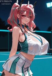 ai_generated arms_behind_back artist_name azur_lane bare_shoulders blush breasts bremerton_(azur_lane) bremerton_(scorching-hot_training)_(azur_lane) cleavage closed_mouth clothing collarbone crop_top crop_top_overhang female fence grey_hair hair_between_eyes hair_ornament hairclip heart_necklace holding huge_breasts jewelry large_breasts long_hair looking_at_viewer midriff mole mole_under_eye multicolored_hair navel necklace night night_sky official_alternate_costume outdoors pink_eyes pink_hair racket see-through shirt skirt sky sleeveless sleeveless_shirt smile solo sportswear streaked_hair sweat tennis_outfit tennis_racket tennis_uniform thighs twintails two-tone_shirt two-tone_skirt vantawaifu wet wet_clothes white_skirt x_hair_ornament