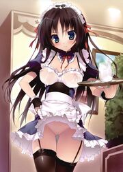 black_thighhighs blue_eyes blush brown_hair detached_cuffs frown garter_straps karory maid milk nipples no_bra nopan pussy restaurant see-through sheer skirt_lift source_request stockings thighhighs uncensored upskirt vagina waitress wet