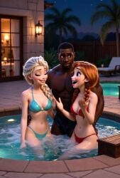 2girls ai_generated ai_voice_acted animated anna_(frozen) bikini blonde_hair dark-skinned_male elsa_(frozen) frozen_(film) interracial light-skinned_female red_hair sound tagme video