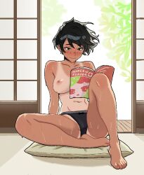 1girl black_hair blush celebelian feet freckles_on_shoulders medium_breasts nagi_(celebelian) nipples panties reading short_hair sweat tanlines tatami topless