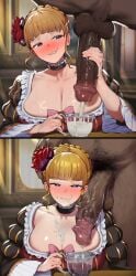 07th_expansion 1boy 1boy1girl 1girls 2koma absurd_res absurdres ai_generated aroused beatrice_(umineko) biting_own_lip blonde_hair blue_eyes blush cheating choker closed_mouth clothed cum cum_drinking cum_in_cup cum_on_chest cum_on_mouth cum_string cum_swallow cum_trail dark-skinned_male dark_skin dress drinking_cum ejaculation fat_male hair_flower hair_ornament half-closed_eyes hand_on_another's_head handjob hazakura151 head_tilt heart-shaped_pupils huge_breasts huge_cock in_heat indoors interracial light-skinned_female light_skin looking_at_penis looking_at_viewer male_pubic_hair milking milking_cum milking_handjob milking_penis netorare penis_awe penis_milking projectile_cum pubic_hair smug stray_pubic_hair sweat sweatdrop sweating table umineko_no_naku_koro_ni veiny_penis