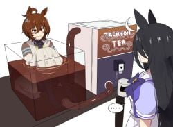 .... agnes_tachyon_(umamusume) artist_request black_hair brown_hair cup fully_clothed funny horse_ears horse_girl long_hair machine manhattan_cafe_(umamusume) short_hair sitting submerged_feet submerged_legs tea umamusume umamusume_pretty_derby white_background