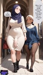 2futas ai_generated big_penis bulge_through_clothing flaccid flaccid_penis futanari hijab mother_and_daughter penis_bulge penis_size_difference