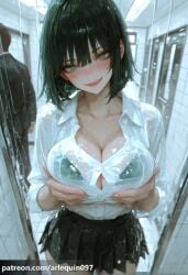 1boy ai_generated bangs black_bra black_hair black_skirt blush bra bra_visible_through_clothes breast_hold breasts button_gap cleavage collarbone collared_shirt cowboy_shot dress_shirt earrings female fubuki_(one-punch_man) green_bra green_eyes hair_between_eyes indoors jewelry large_breasts long_sleeves looking_at_viewer miniskirt one-punch_man arlequin097 open_mouth parted_lips patreon_username pleated_skirt rain school_uniform see-through shirt short_hair skirt smile solo_focus standing underwear web_address wet wet_clothes wet_hair wet_shirt white_shirt