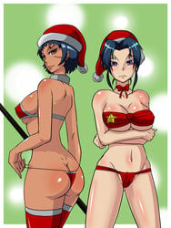 2girls ass bikini breasts brown_eyes christmas cleavage female female_only freya_(kenichi) highres history's_strongest_disciple_kenichi kousaka_shigure kugatachi_kaname mound_of_venus multiple_girls navel pointy_chin purple_eyes scar shijou_saikyou_no_deshi_ken'ichi shijou_saikyou_no_deshi_kenichi sideboob star swimsuit thighhighs thong