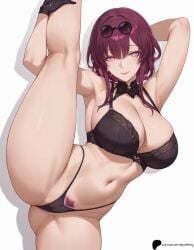 1girls ai_generated arm_behind_head armpits bangs black-framed_eyewear breasts cleavage closed_mouth eyebrows_visible_through_hair eyewear_on_head feet_out_of_frame female female_pubic_hair flexible glasses gloves hair_between_eyes hi_res high_quality high_resolution highres honkai:_star_rail honkai_(series) kafka_(honkai:_star_rail) kneepits large_breasts leg_up legs light light_smile lingerie lips long_hair looking_at_viewer midriff navel nose opal_nemy panties patreon_logo patreon_url patreon_username pink_eyes plain_background pubic_hair purple_hair round_eyewear self_upload shadow shiny shiny_hair shiny_skin simple_background solo standing_on_one_leg thick_thighs thighs watermark white_background wide_hips
