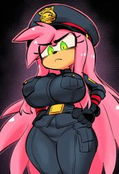 1girls ai_generated amy_rose annoyed_expression anthro disgusted evil fully_clothed furry huge_breasts kimmythefem looking_down looking_down_at_viewer military military_uniform no_sex sega slim_waist solo sonic_(series) sonic_the_hedgehog_(series) thick_thighs tight_clothing wide_hips