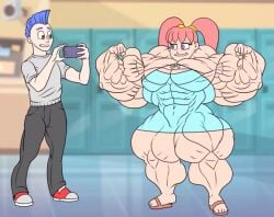 flexing_muscles hyper_muscles schoolboy schoolgirl smiling taking_picture thijsboiii