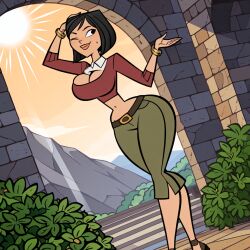 ai_generated ai_slop black_hair bob_cut boobs bubble_butt bursting_breasts cosplay costume_switch courtney_(tdi) crop_top cropped fat_ass green_pants heather_(tdi) midriff narrow_waist outfit_swap self_upload sexy short_hair smile tall_female thick_thighs total_drama_(series) total_drama_island