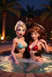 2girls ai_generated ai_voice_acted animated anna_(frozen) bikini blonde_hair dark-skinned_male elsa_(frozen) frozen_(film) interracial light-skinned_female red_hair sound tagme video