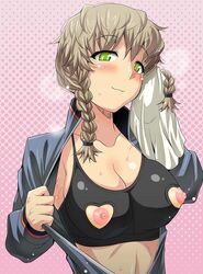 1girls amane_suzuha areolae blush braid breasts cleavage erect_nipples gray_hair green_eyes heart heart_cutout large_breasts looking_at_viewer nippleless_clothing nipples open_clothes open_shirt oppai smell smile solo sports_bra steins;gate sweat twin_braids utamaro