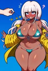 1girls ? ai_generated bangs bare_shoulders bikini blush breasts cleavage danganronpa danganronpa_v3 dark-skinned_female dark_skin hypnosis jacket large_breasts midriff mind_control navel seaart.ai side_tie_bikini solo thick_thighs twintails white_hair wide_hips yonaga_angie