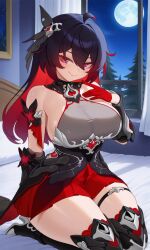 1girl 1girls ahoge ai_generated bare_shoulders bed bedroom big_boobs big_breasts big_tits black_corset black_hair black_hair_female blushing blushing_female boobs breasts busty busty_female corset curvaceous curvaceous_body curvaceous_female curvaceous_figure curvaceous_hips curvaceous_thighs curvy curvy_body curvy_female curvy_figure curvy_hips eyes female full_moon fully_clothed fully_clothed_female gloves hair hair_between_eyes hair_ornament honkai_(series) honkai_impact_3rd hourglass_figure hourglass_figured_female hoyoverse image kneeling kneeling_female kneeling_on_bed large_boobs large_breasts large_tits lips long_hair mihoyo miniskirt moon multicolored_hair night night_background night_sky plump_breasts plump_hips plump_thighs plump_tits red_eyes red_eyes_female red_gloves red_hair red_skirt seele_vollerei seele_vollerei_(starchasm_nyx) sexy sexy_dress sexy_female sideboob smiling thigh_boots tree trees two-tone_hair unique_hair veliona voluptuous voluptuous_female wide_hips window