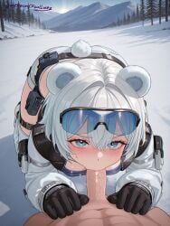 1boy 1girls ai_generated animal_ears arknights arknights:_endfield blowjob blowjob_face blue_eyes blush boots eyebrows_visible_through_hair jacket legwear looking_at_viewer medium_breasts minishorts nude_male open_jacket patreon patreon_username penis short_hair shorts snowshine_(arknights:_endfield) sweat white_hair white_shorts xzollosez