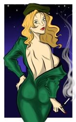 marvel marvel_comics spider-man_(series) pookie jean_dewolff ass ass_focus breasts breasts_out one_breast_out nipples big_breasts breast_slip dress no_bra no_underwear looking_at_viewer looking_back looking_back_at_viewer hat smoking smoking_cigarette cigarette cigarette_smoke shoulders shoulder_blades back back_view bare_back exposed_back blonde_hair blonde_female strawberry_blonde_hair smoke cityscape city_background lovely red_lipstick lipstick